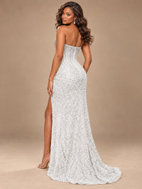 Gold Sequin Strapless Corset Prom Dress with High Slit