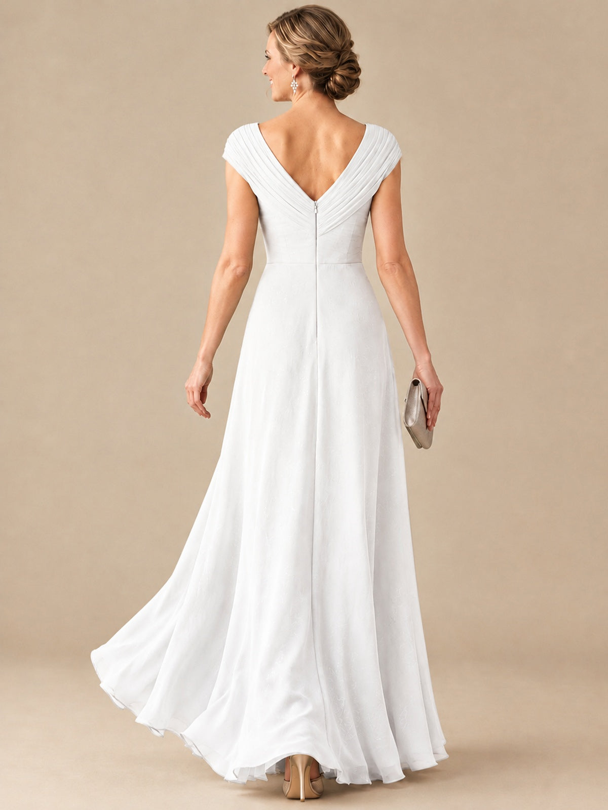 Pleated Chiffon Lace Mother of The Bride Dresses with Beading Cap Sleeves