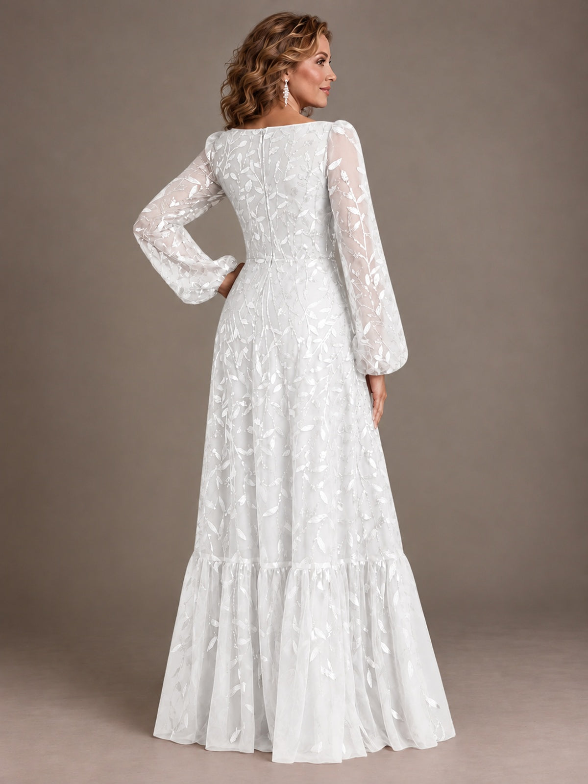 Floral Sequin Embroidered A-Line Mother of the Bride Dress with Long Sleeves