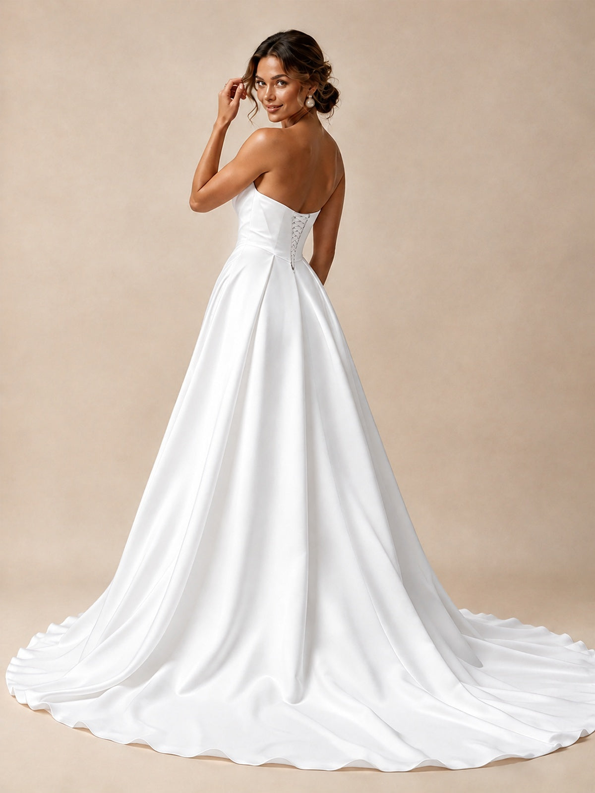 Split Pleated Satin Wedding Dress Strapless Bridal Wedding Gowns with Lace-Up Back