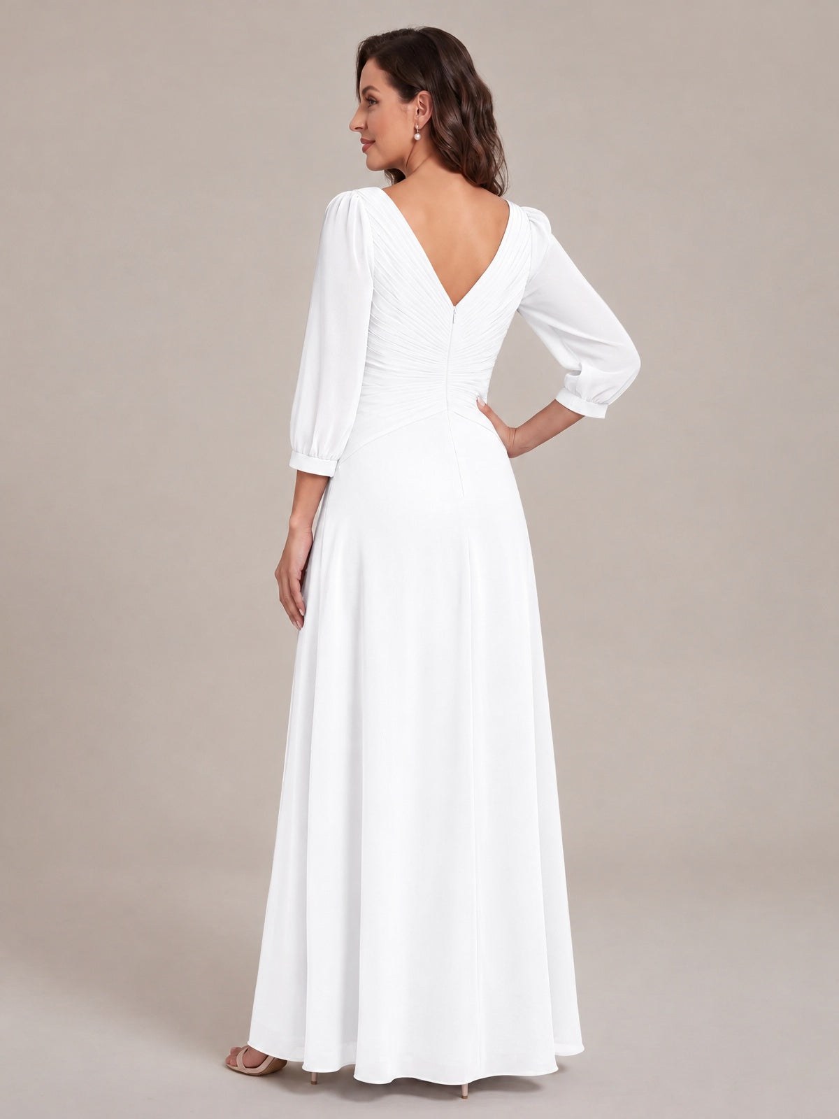 V-Neck Pleated Chiffon Mother of the Bride Dress with Flutter Sleeves