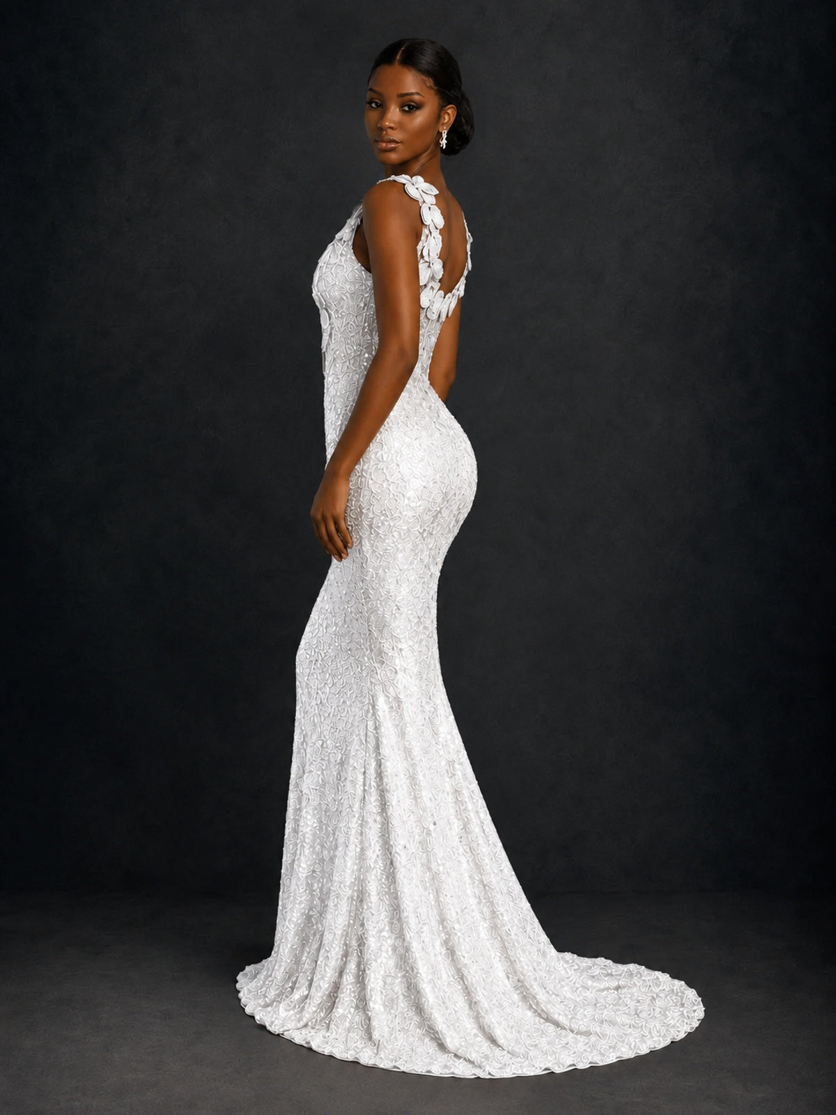 Gold Sequin Floral Applique Mermaid Prom Dress