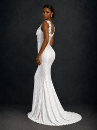 Gold Sequin Floral Applique Mermaid Prom Dress
