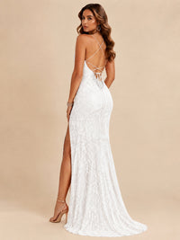 Sequin Lace Appliques Mermaid Prom Dress Spaghetti Strap Formal Gowns with Slit