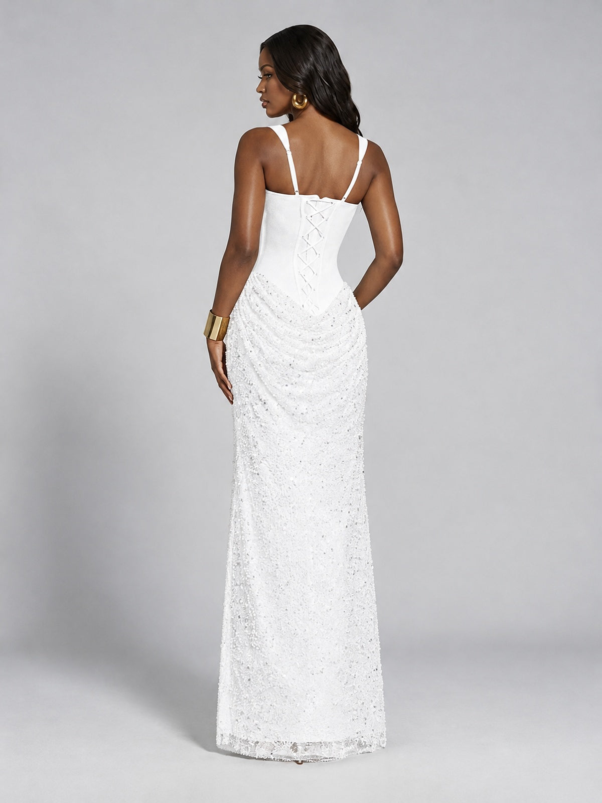 Sequin Corset Mermaid Prom Dress with Square Neck Wide Strap High Slit