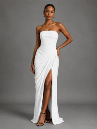 Strapless Bodycon Pleated Chiffon Formal Dress with Slit