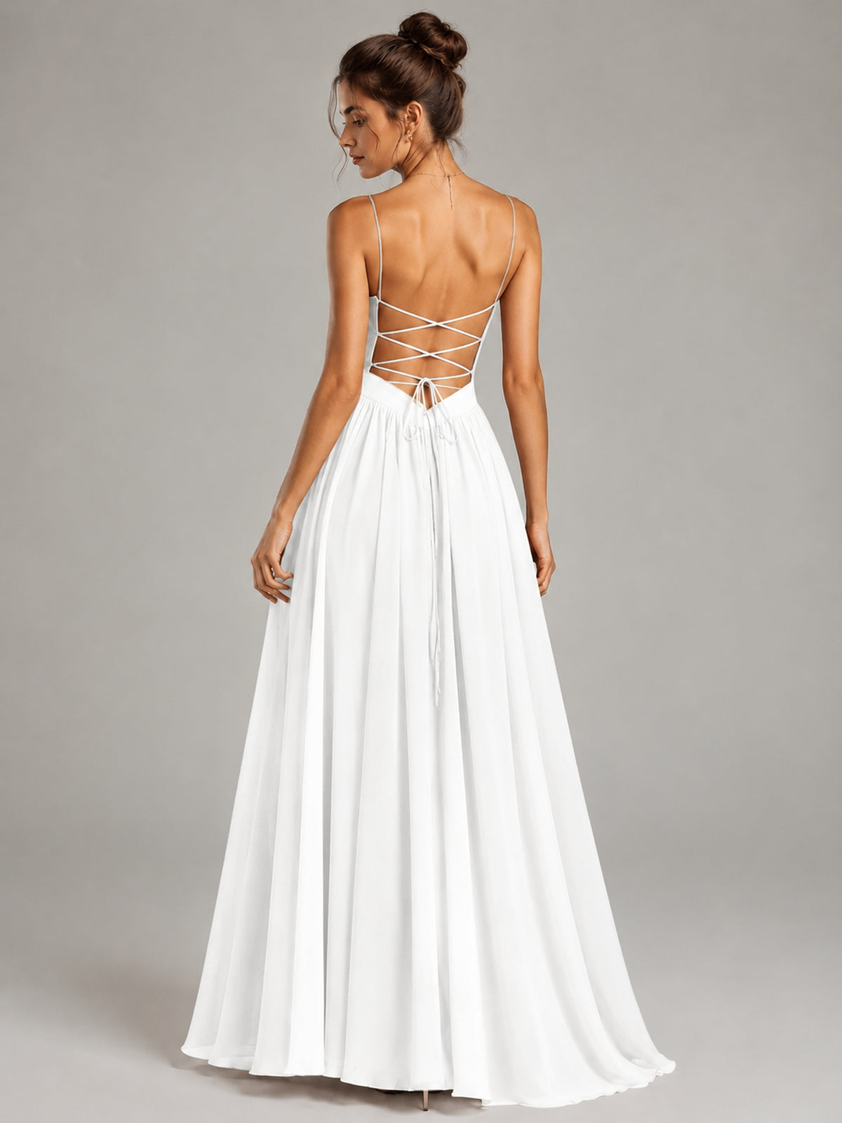 Spaghetti Strap Ruched Chiffon Maxi Dress with Backless