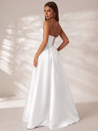 Strapless Corset Satin Prom Dress Long Evening Gown with High Slit