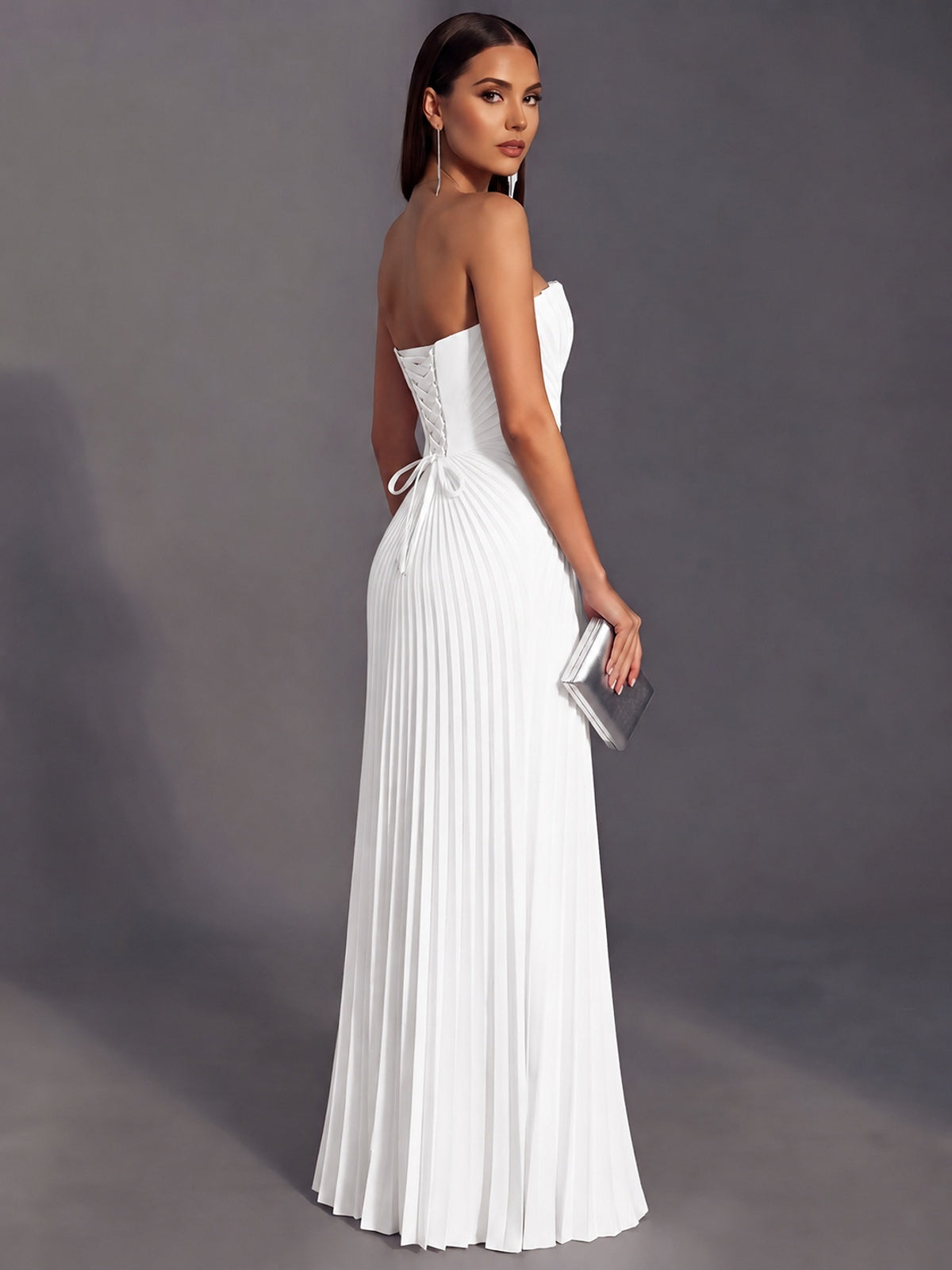 Strapless A-line Long Pleated Satin Prom Dress