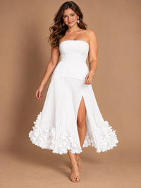 Navy Blue Strapless Pleated A-Line Midi Dress with 3D Floral Applique