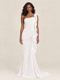 Black Velvet One-Shoulder Mermaid Evening Gown with Bow & Ruffles