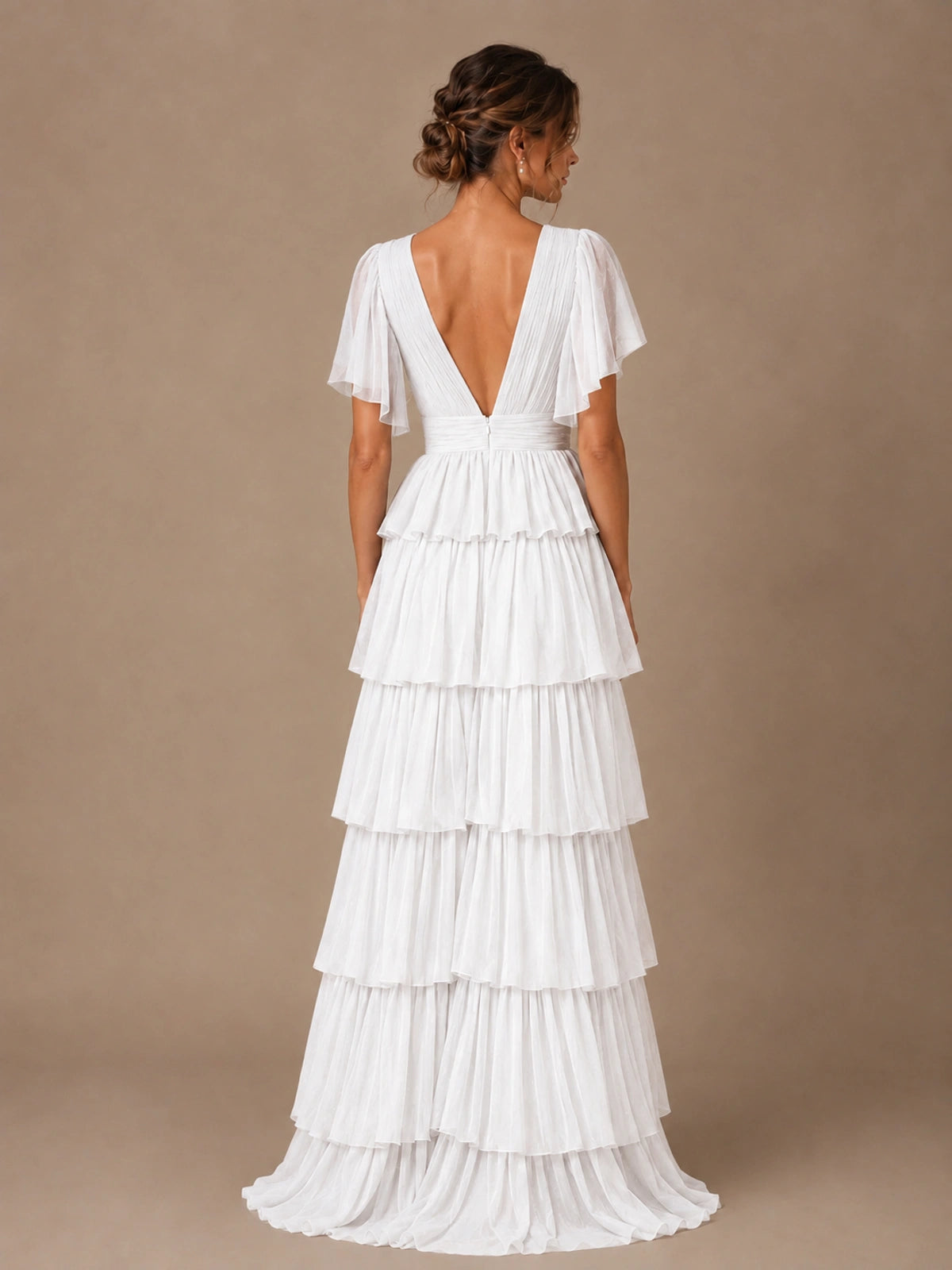 Chiffon V-Neck Tiered Ruffle Bridesmaid Dress with Slit
