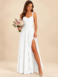 Spaghetti Straps Pleated Chiffon Bridesmaid Dress with Ruffle Slit