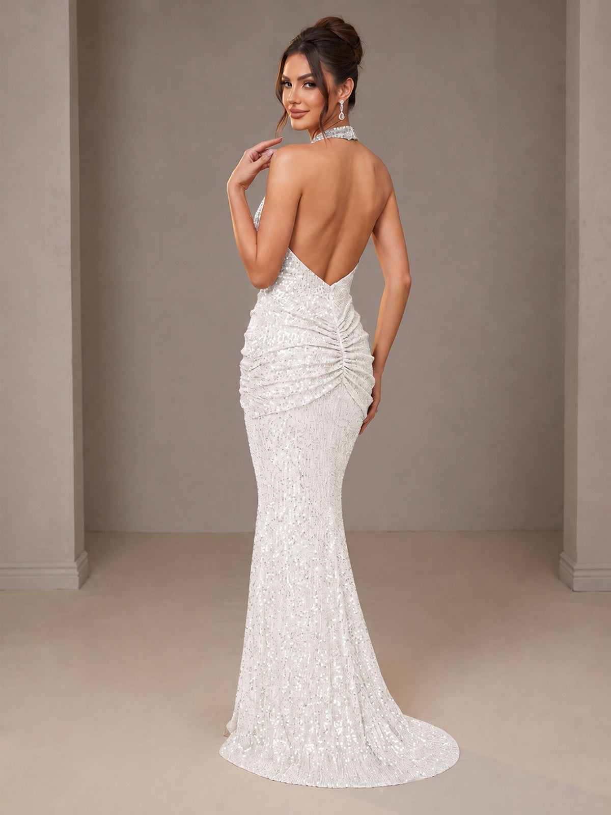 Gold Halter Sequin Mermaid Ruched Prom Dress Long Ruched Evening Gown