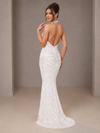 Gold Halter Sequin Mermaid Ruched Prom Dress Long Ruched Evening Gown