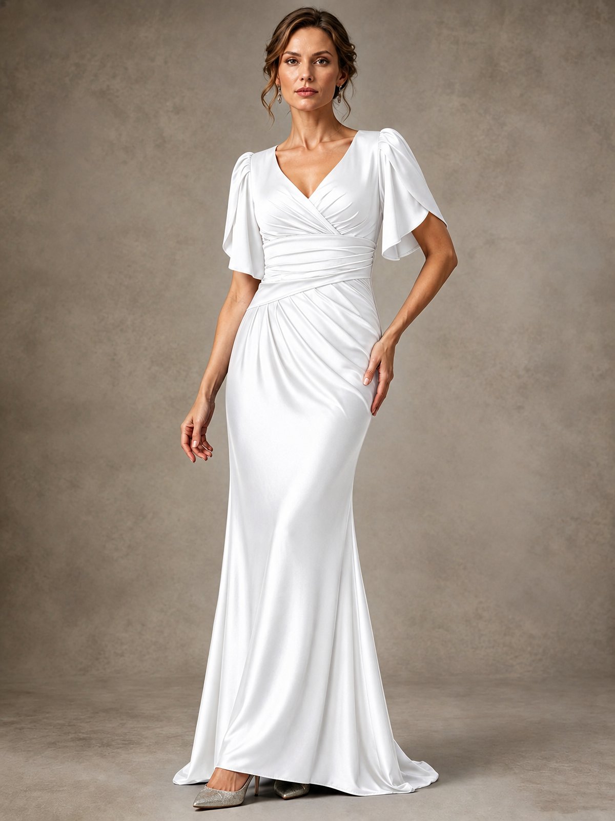 V-Neck Satin Mother of the Bride Dress with Flutter Sleeves