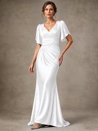 V-Neck Satin Mother of the Bride Dress with Flutter Sleeves
