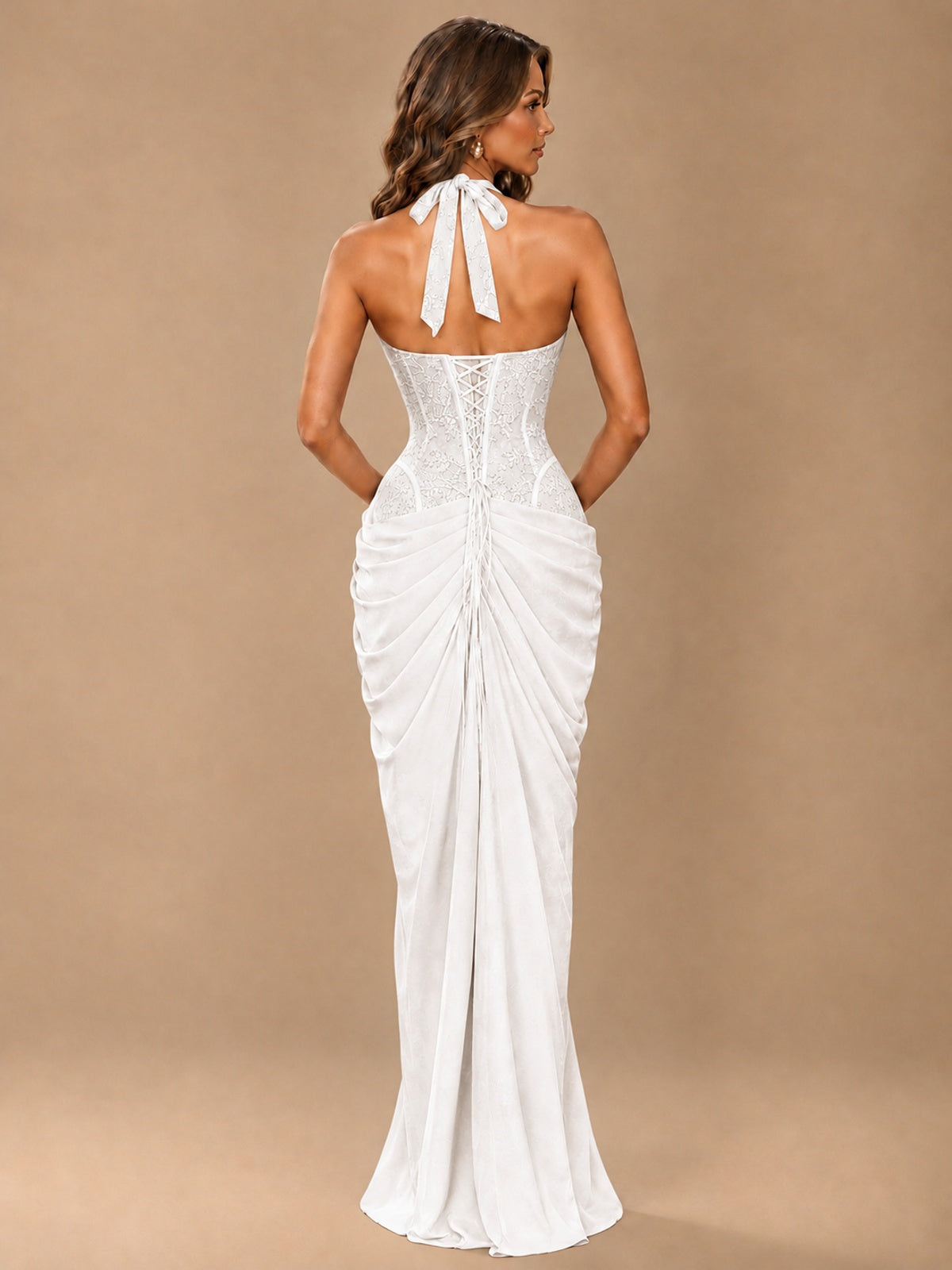 Sweetheart Halter Prom Dress Pleated Lace Floral Formal Dress with Slit