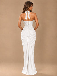 Sweetheart Halter Prom Dress Pleated Lace Floral Formal Dress with Slit