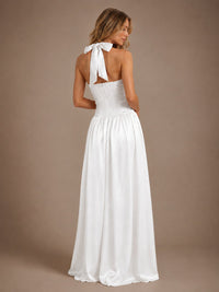 Pink V Neck Halter Satin Maxi Dress