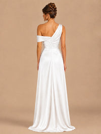 Satin One Shoulder Prom Dress Ruched Long Formal Evening Gown