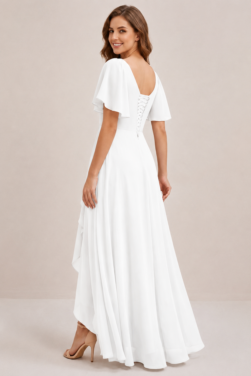 Dusty Blue Chiffon Bridesmaid Dress with Flutter Sleeves & High-Low Hem