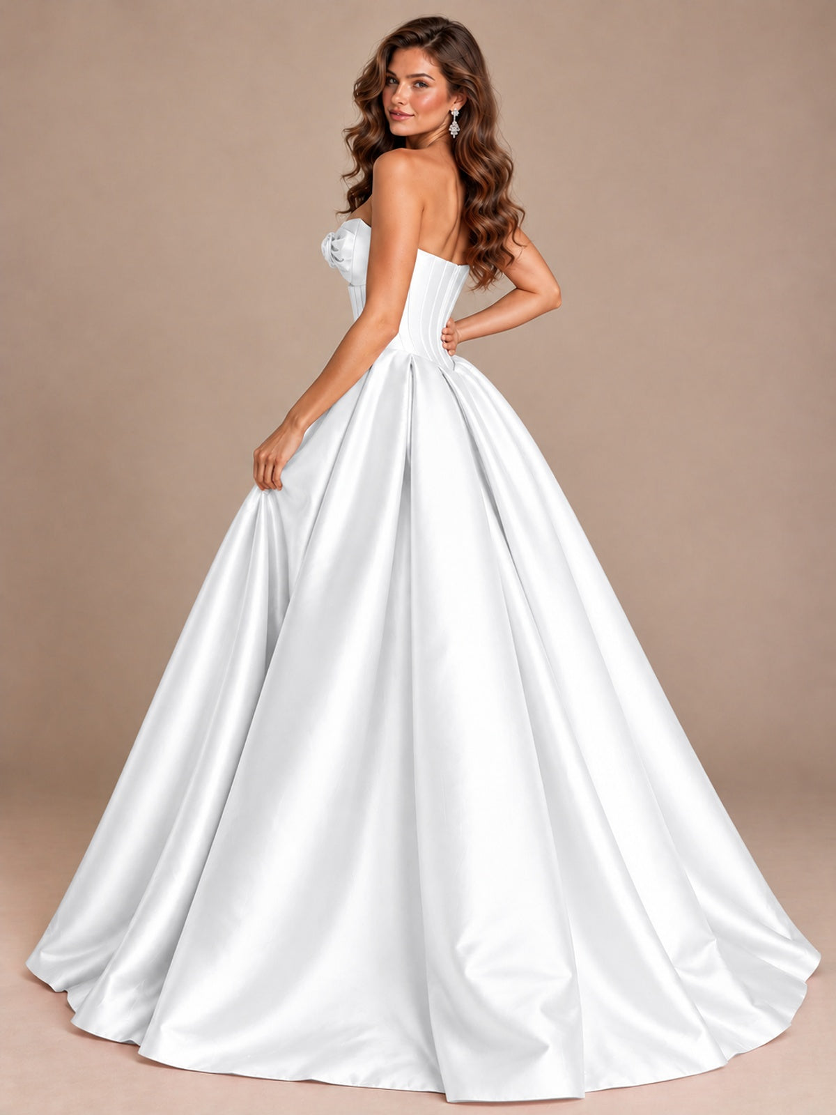 Pink Strapless Corset Satin Prom Derss & Ball Gown with 3D Floral