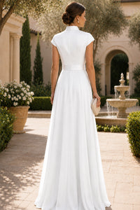 V Neck Cap Sleeve A-Line Floor-Length Satin Bridesmaid Dress