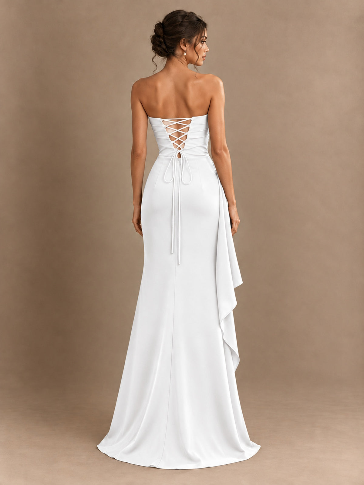 Black and White Strapless Ruched Prom Dress with High Slit & Side Drape
