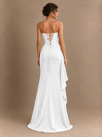 Black and White Strapless Ruched Prom Dress with High Slit & Side Drape