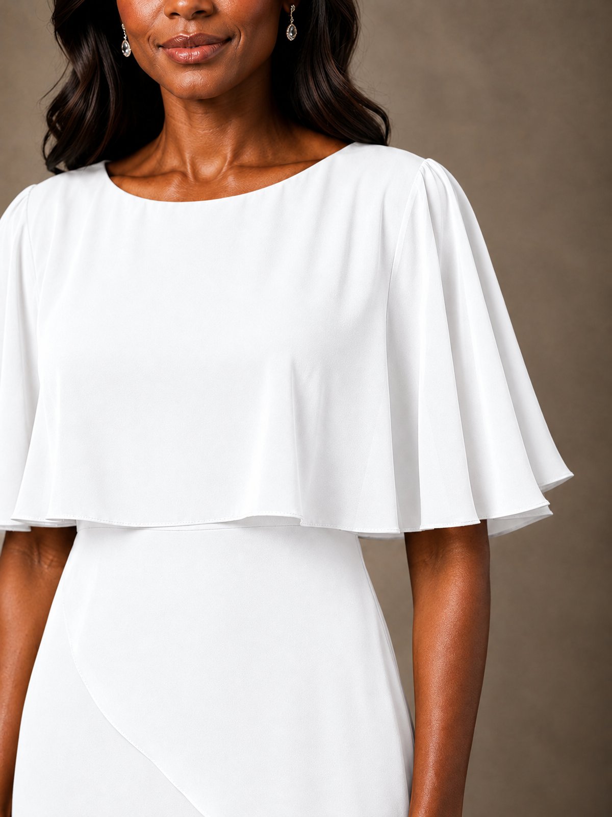 Taupe Chiffon A-Line Mother of the Bride Dress with Cape Sleeves