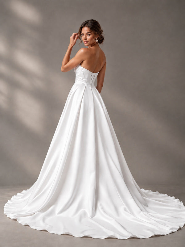 Split Pleated Satin Wedding Dress Strapless Bridal Wedding Gowns with Lace-Up Back