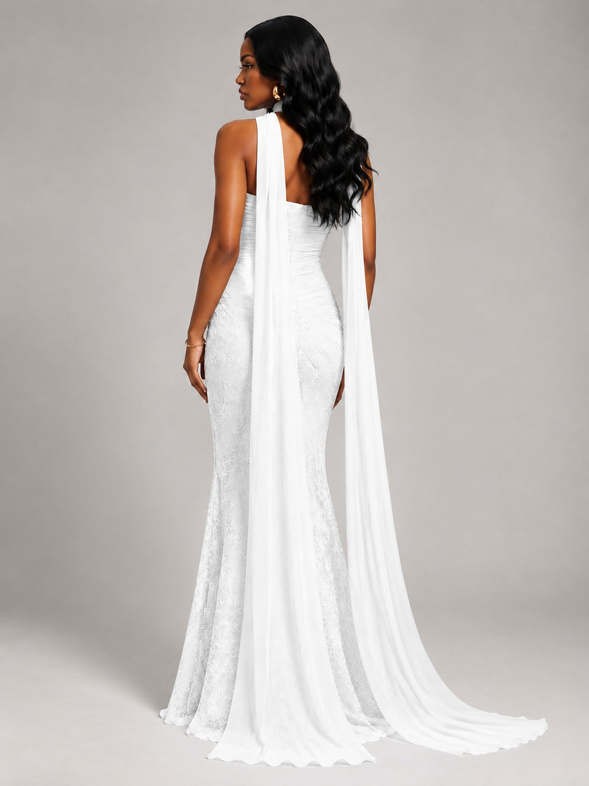 Pleated Chiffon Lace Prom Dresses Long Bodycon Mermaid with Scarf