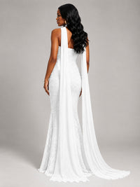 Pleated Chiffon Lace Prom Dresses Long Bodycon Mermaid with Scarf