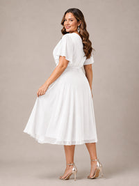 Navy Blue A-Line V-Neck Tea-Length Mother of the Bride Dress