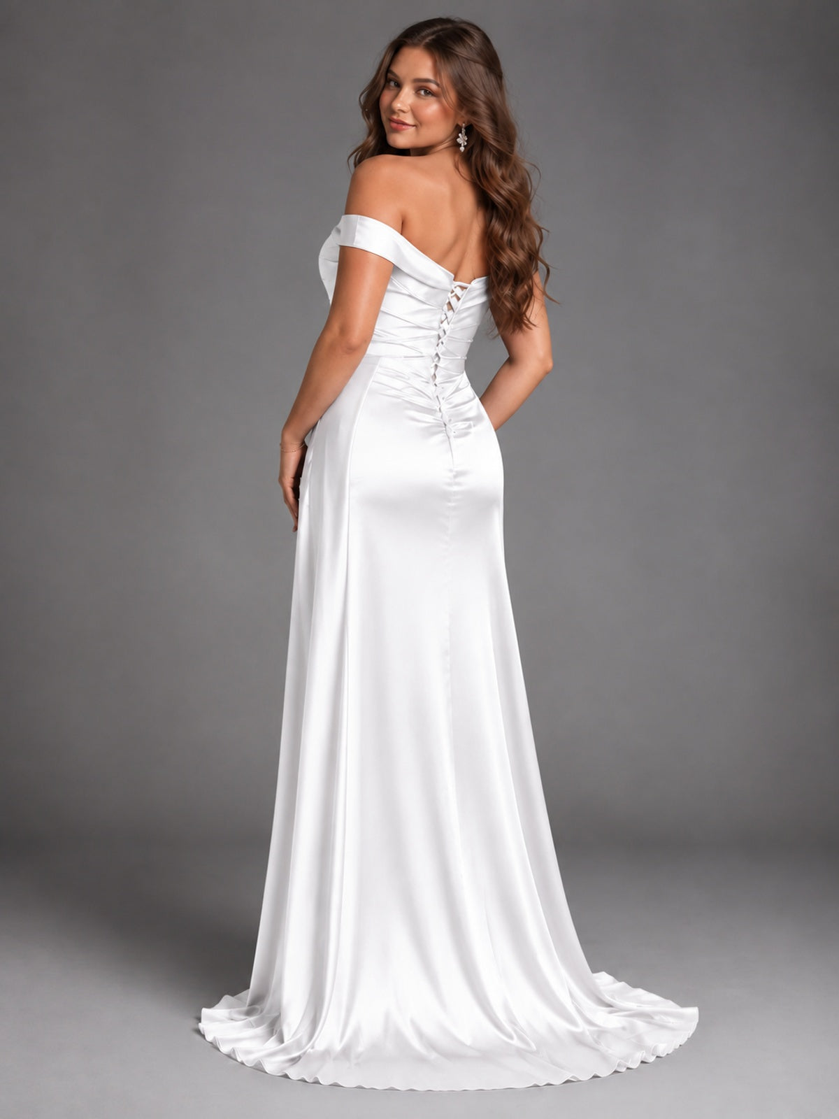 Off Shoulder Satin Maxi Dress with Slit