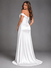 Off Shoulder Satin Maxi Dress with Slit