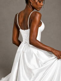 Lavender V Neck Satin Prom Dress with Spaghetti Straps