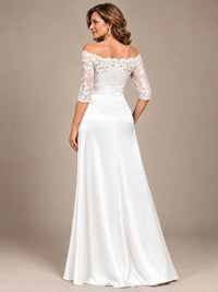 Satin Mother of the Bride Dress with Lace Sleeves Off Shoulder Formal Gown