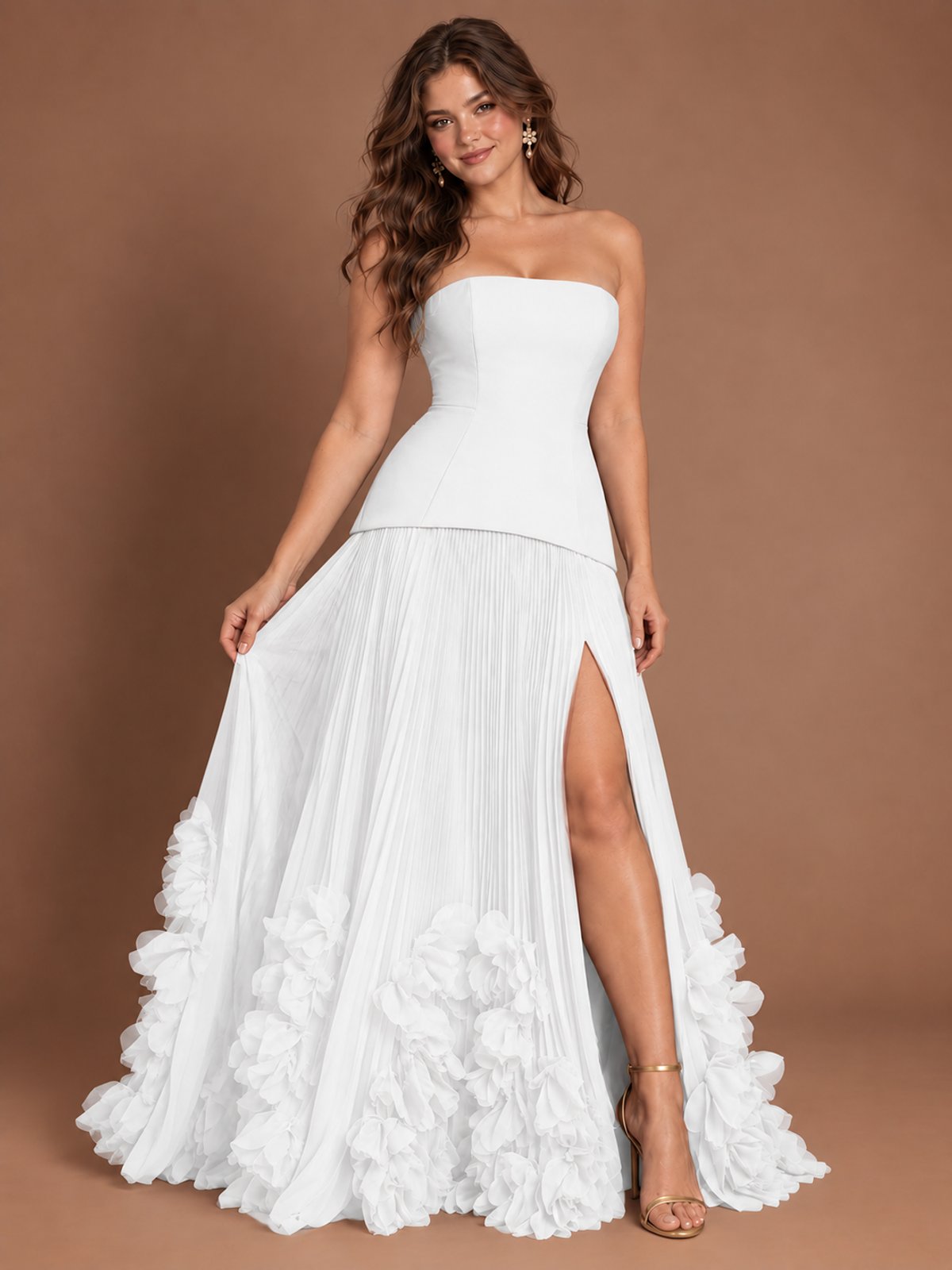 Strapless Pleated Floral Satin Formal Dress with Side Slit