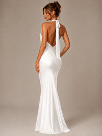 Olive Green Halter Satin Mermaid Maxi Dress