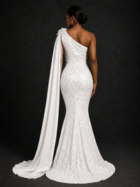 Gold Sequin One Shoulder Mermaid Prom Dress with Cape