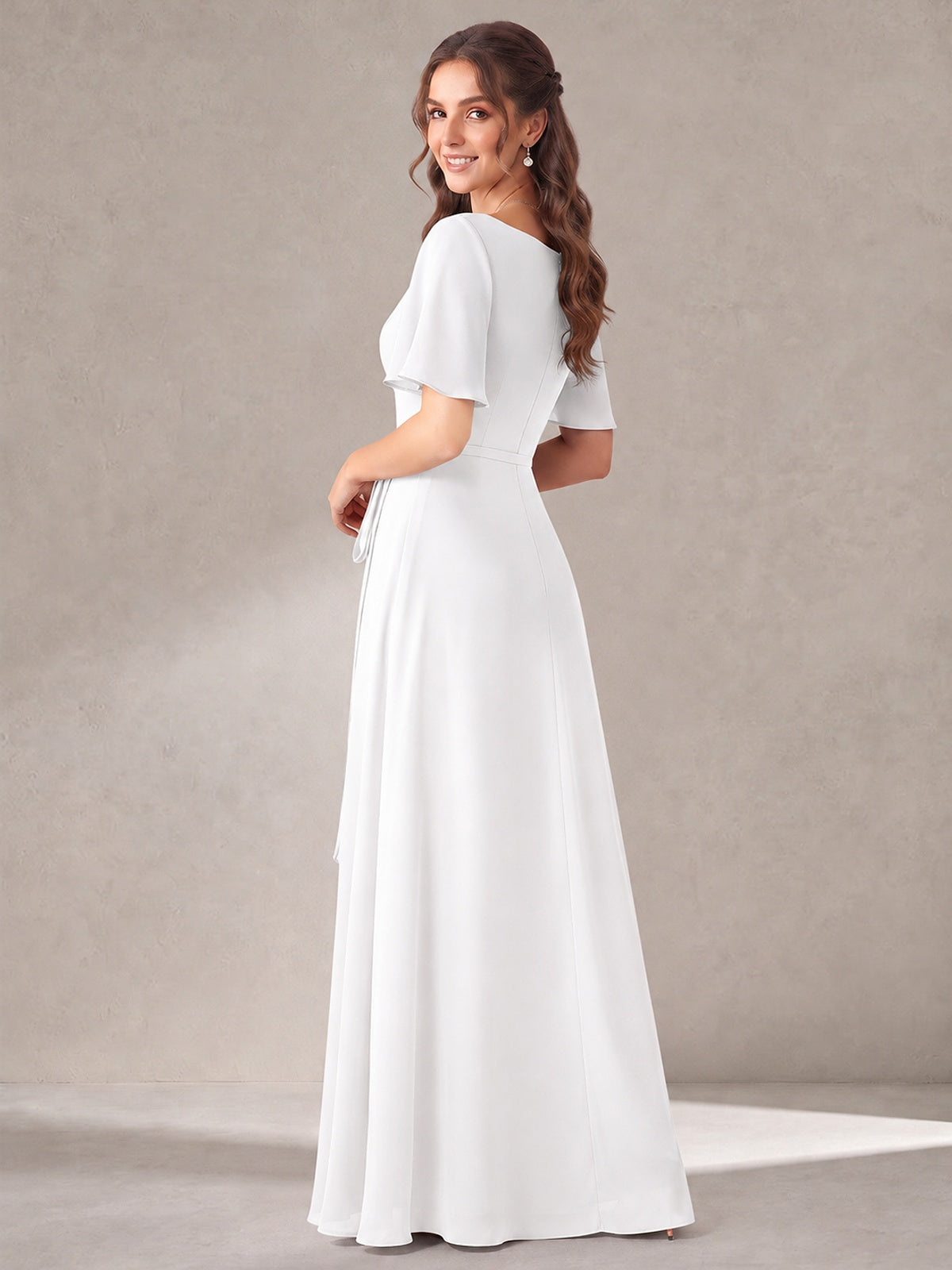 Scoop Neck A-line Chiffon Bridesmaid Dress with Flutter Sleeve & Belt