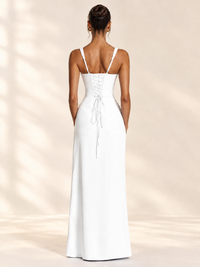 Square Neck Satin Sleeveless Ruched Prom Dress with High Slit