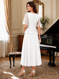 Tea-Length Chiffon Mother of the Bride Dress with Sequin Lace Sleeves