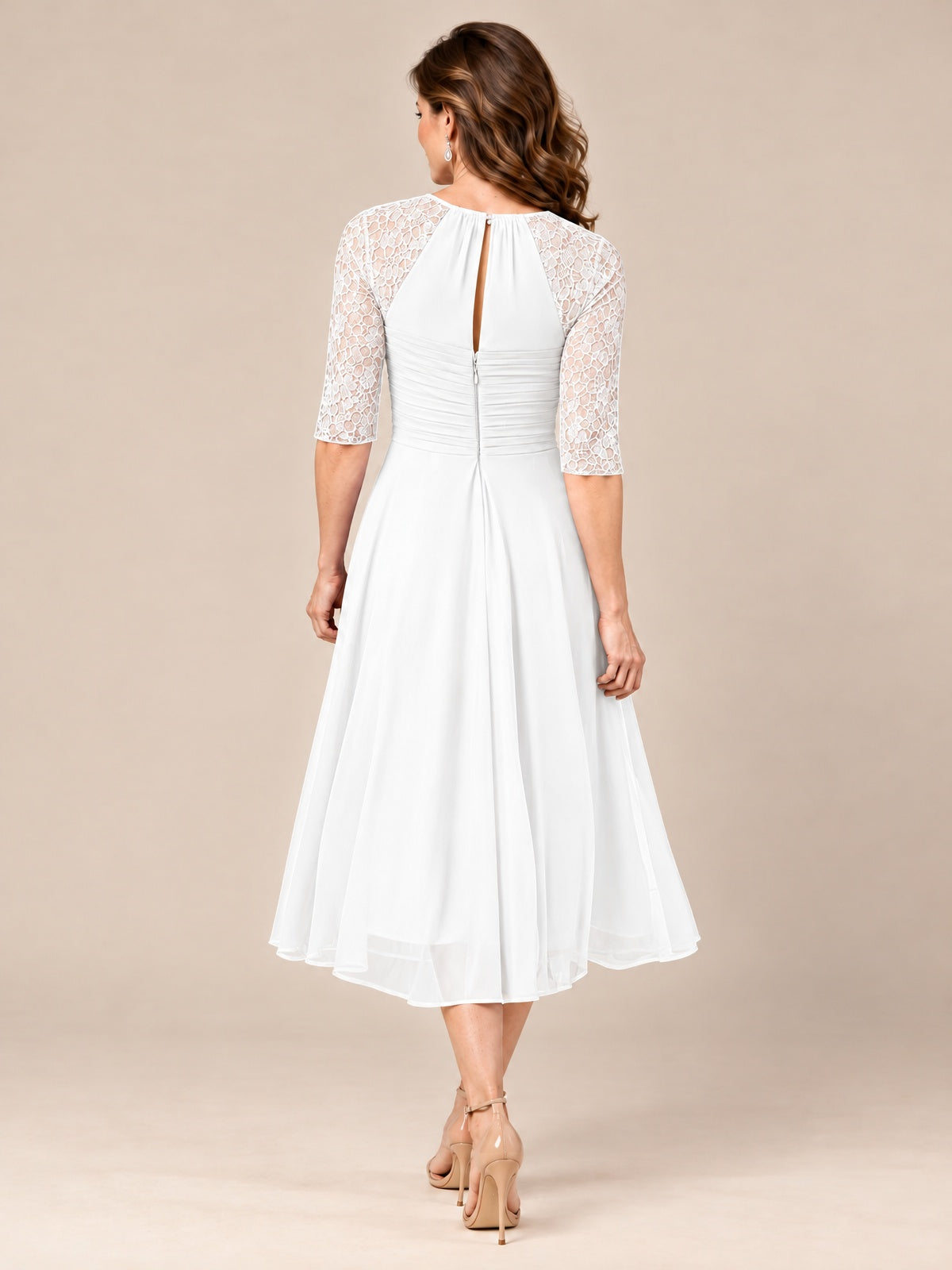 Tea-Length Mother of the Bride Dress with Lace 3/4 Sleeves
