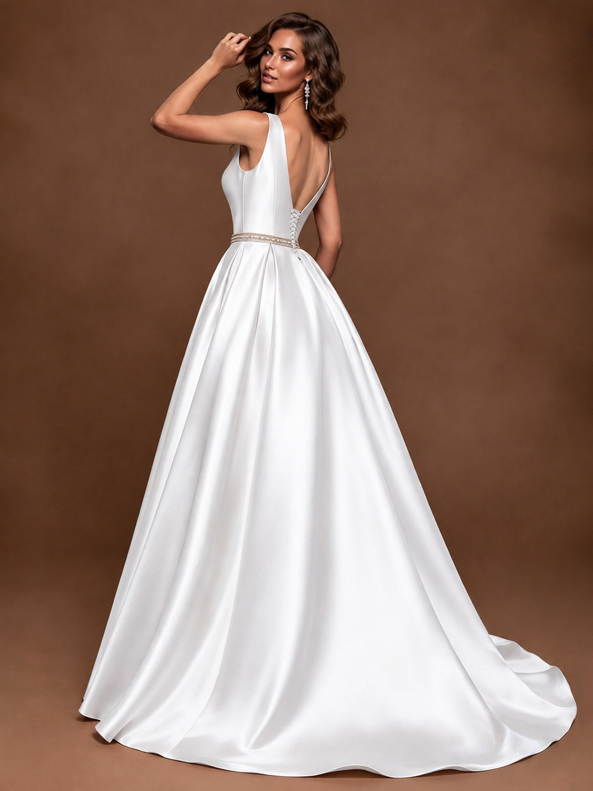 Satin A-Line Prom Dress Sleeveless Beaded Waist Formal Gown with Pockets