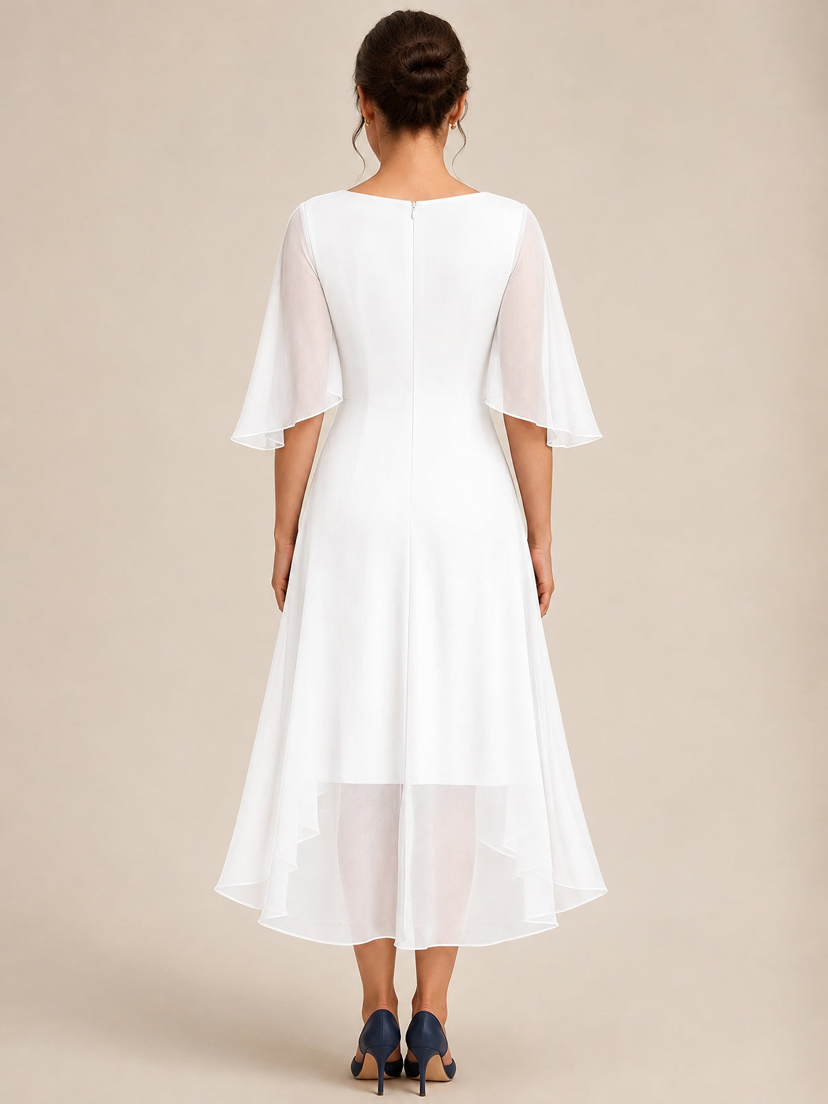 Cowl Neck Ruched Chiffon Mother of the Bride Dresses with Flutter Sleeves