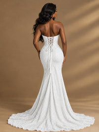 Beaded Sequin Prom Dress Strapless Formal Gowns with High Slit Train