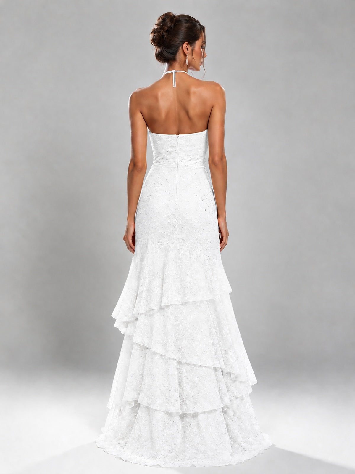 Halter Tiered Mermaid Prom Dress with Sparkly Lace